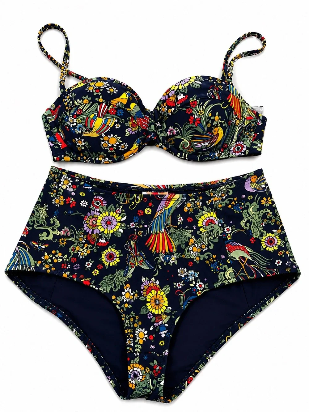 Tory Burch Navy Floral High-Waist Bikini Set. XS